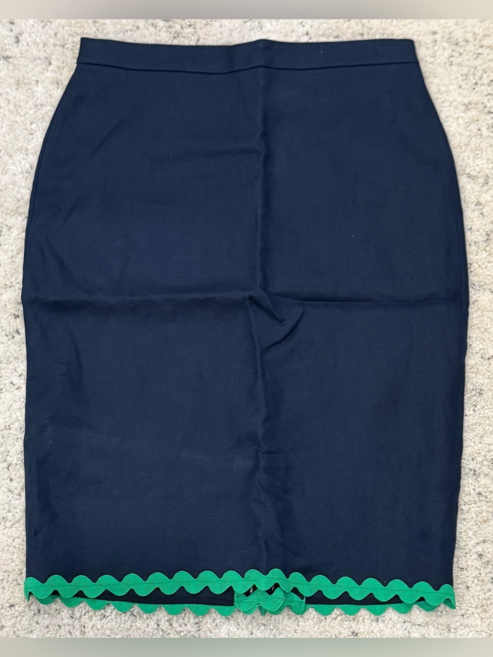 NWT J.Crew Women’s 00 Navy Linen Pencil Skirt Green Rickrack Trim $88